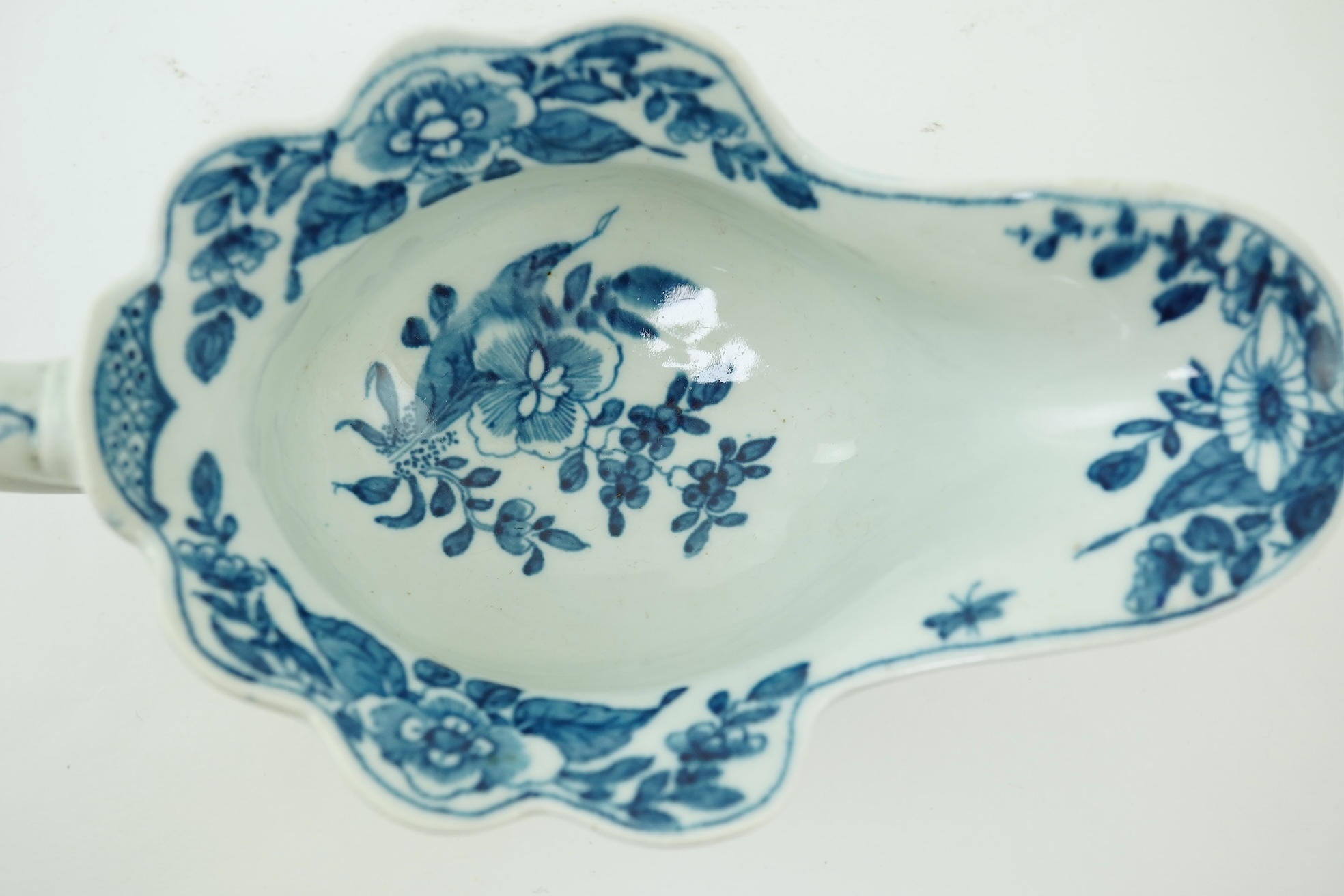 A Worcester blue and white Triangular Platform pattern high footed sauce boat c.1755